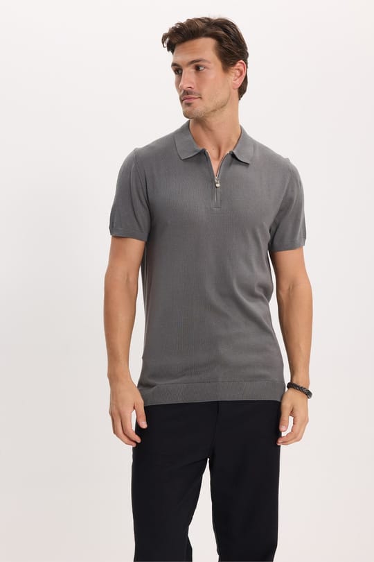 Erkek Slim Fit Dar Kesim %100 Pamuk Örme Triko Fermuarlı Füme Polo Yaka Tişört