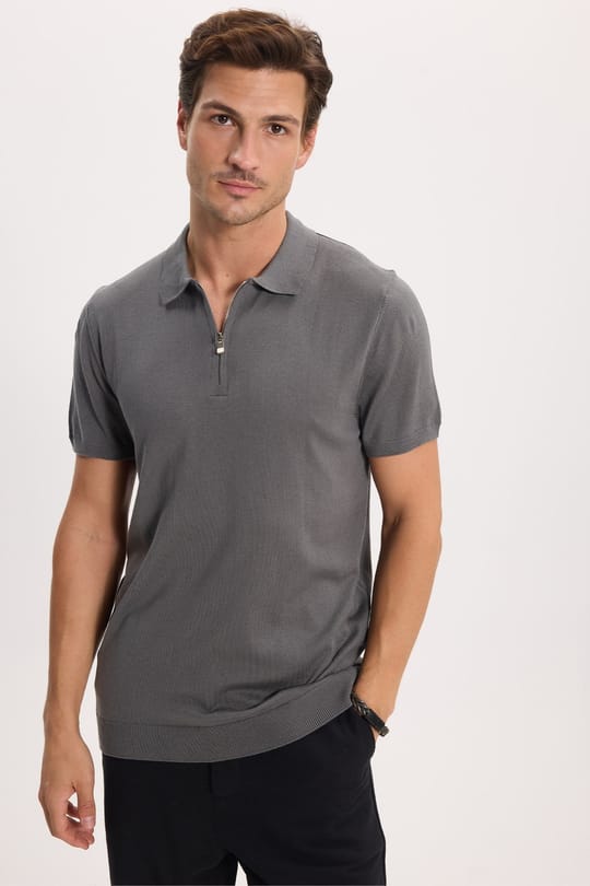 Erkek Slim Fit Dar Kesim %100 Pamuk Örme Triko Fermuarlı Füme Polo Yaka Tişört