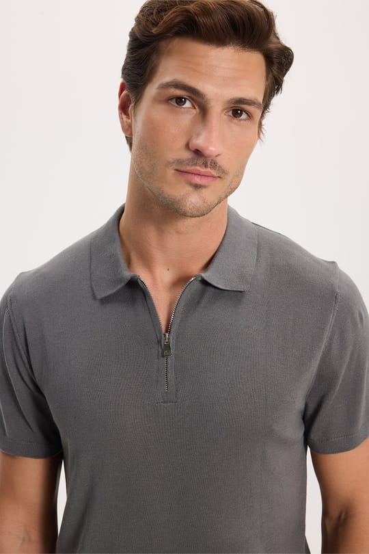 Erkek Slim Fit Dar Kesim %100 Pamuk Örme Triko Fermuarlı Füme Polo Yaka Tişört
