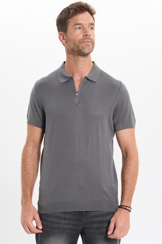 Erkek Slim Fit Dar Kesim %100 Pamuk Örme Triko Fermuarlı Füme Polo Yaka Tişört