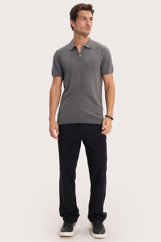 Erkek Slim Fit Dar Kesim %100 Pamuk Örme Triko Fermuarlı Füme Polo Yaka Tişört