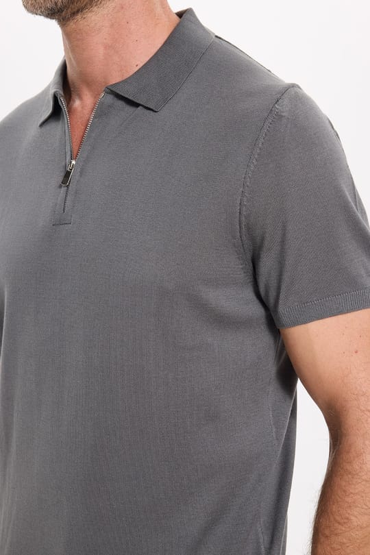 Erkek Slim Fit Dar Kesim %100 Pamuk Örme Triko Fermuarlı Füme Polo Yaka Tişört