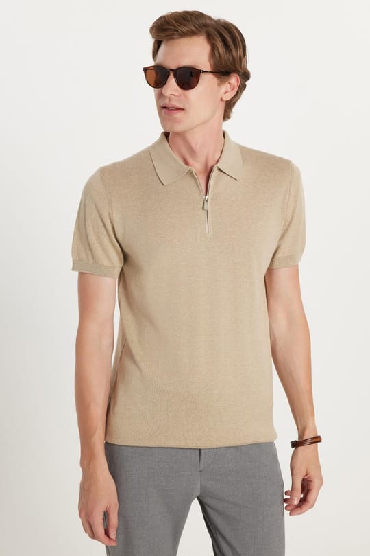 Erkek Slim Fit Dar Kesim %100 Pamuk Örme Triko Fermuarlı Vizon Polo Yaka Tişört