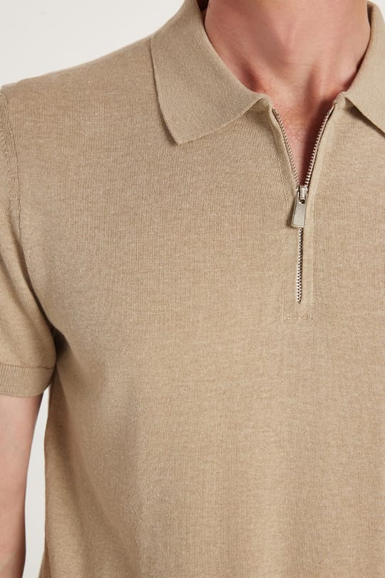 Erkek Slim Fit Dar Kesim %100 Pamuk Örme Triko Fermuarlı Vizon Polo Yaka Tişört