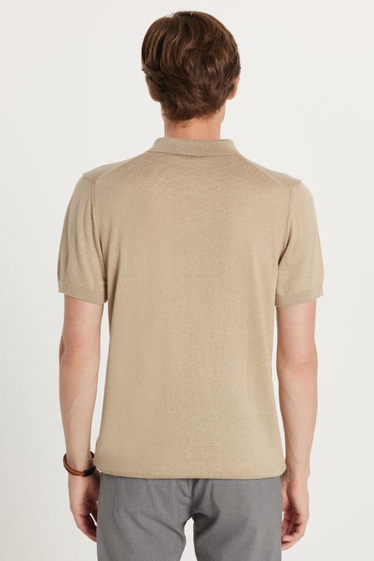 Erkek Slim Fit Dar Kesim %100 Pamuk Örme Triko Fermuarlı Vizon Polo Yaka Tişört
