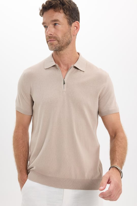 Erkek Slim Fit Dar Kesim %100 Pamuk Örme Triko Fermuarlı Füme Polo Yaka Tişört