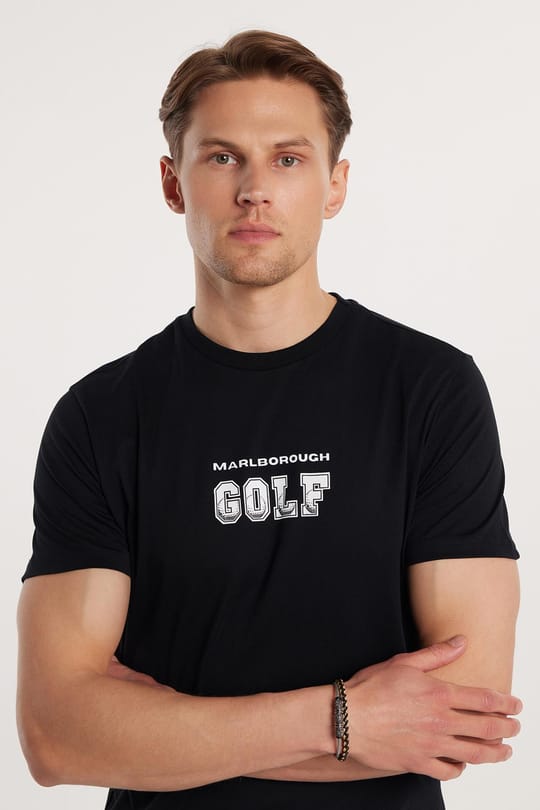 Erkek Slim Fit Dar Kesim %100 Pamuk Yumuşak Dokulu Baskılı Siyah Bisiklet Yaka Tişört