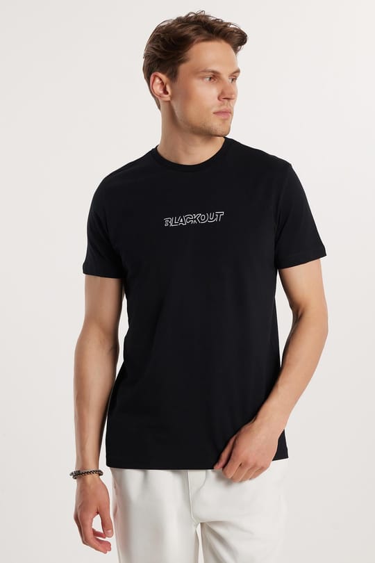 Erkek Slim Fit Dar Kesim %100 Pamuk Yumuşak Dokulu Baskılı Siyah Bisiklet Yaka Tişört