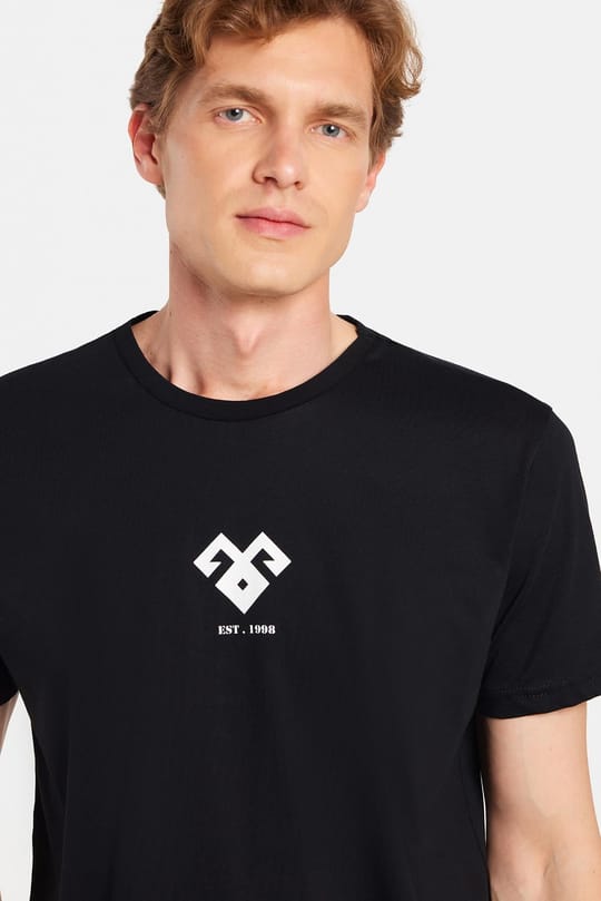 Erkek Slim Fit Dar Kesim %100 Pamuk Yumuşak Dokulu Baskılı Siyah Bisiklet Yaka Tişört