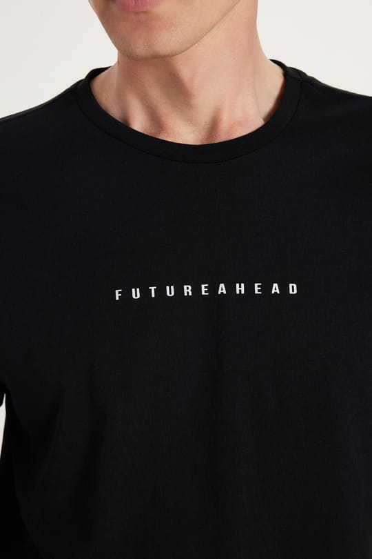 Erkek Slim Fit Dar Kesim %100 Pamuk Yumuşak Dokulu Baskılı Siyah Bisiklet Yaka Tişört