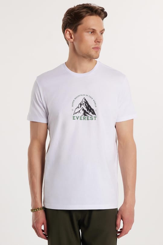 Erkek Slim Fit Dar Kesim %100 Pamuk Yumuşak Dokulu Baskılı Beyaz Bisiklet Yaka Tişört