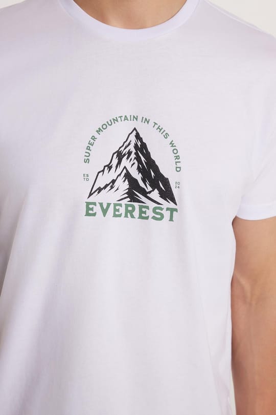 Erkek Slim Fit Dar Kesim %100 Pamuk Yumuşak Dokulu Baskılı Beyaz Bisiklet Yaka Tişört