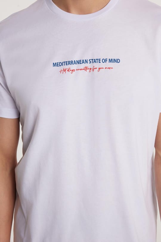  Erkek Slim Fit Dar Kesim %100 Pamuk Yumuşak Dokulu Baskılı Beyaz Bisiklet Yaka Tişört
