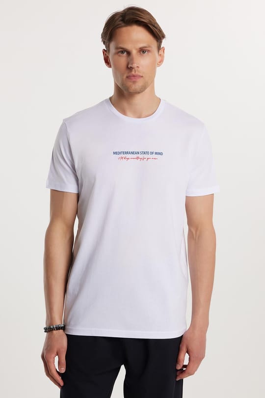  Erkek Slim Fit Dar Kesim %100 Pamuk Yumuşak Dokulu Baskılı Beyaz Bisiklet Yaka Tişört