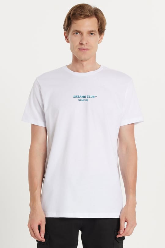 Erkek Slim Fit Dar Kesim %100 Pamuk Yumuşak Dokulu Baskılı Beyaz Bisiklet Yaka Tişört