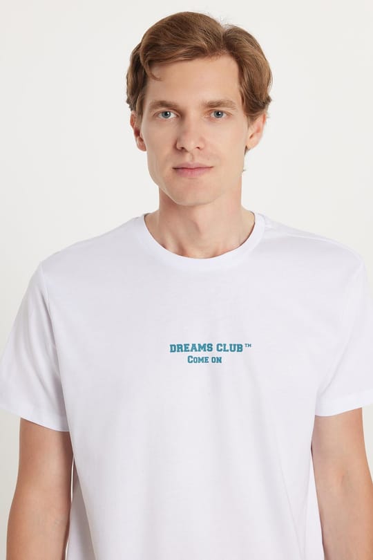 Erkek Slim Fit Dar Kesim %100 Pamuk Yumuşak Dokulu Baskılı Beyaz Bisiklet Yaka Tişört