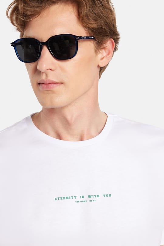 Erkek Slim Fit Dar Kesim %100 Pamuk Yumuşak Dokulu Baskılı Beyaz Bisiklet Yaka Tişört