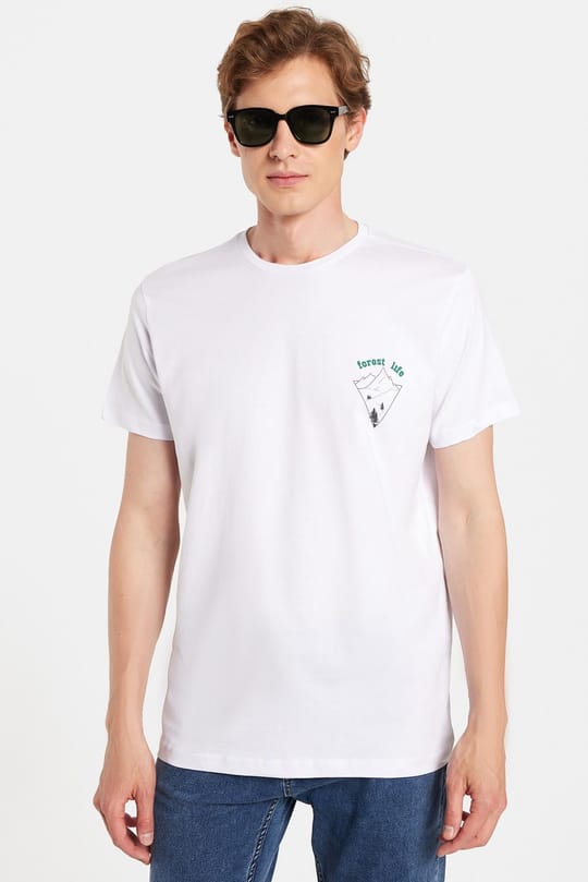 Erkek Slim Fit Dar Kesim %100 Pamuk Yumuşak Dokulu Baskılı Beyaz Bisiklet Yaka Tişört