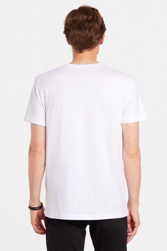 Erkek Slim Fit Dar Kesim %100 Pamuk Yumuşak Dokulu Baskılı Beyaz Bisiklet Yaka Tişört