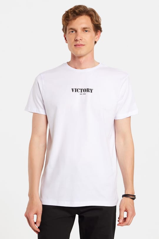 Erkek Slim Fit Dar Kesim %100 Pamuk Yumuşak Dokulu Baskılı Beyaz Bisiklet Yaka Tişört