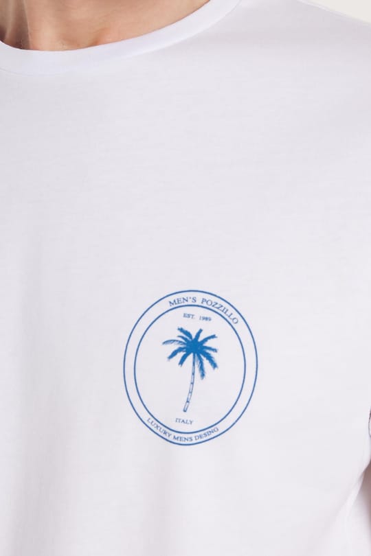 Erkek Slim Fit Dar Kesim %100 Pamuk Yumuşak Dokulu Baskılı Beyaz Bisiklet Yaka Tişört