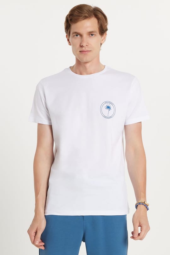 Erkek Slim Fit Dar Kesim %100 Pamuk Yumuşak Dokulu Baskılı Beyaz Bisiklet Yaka Tişört