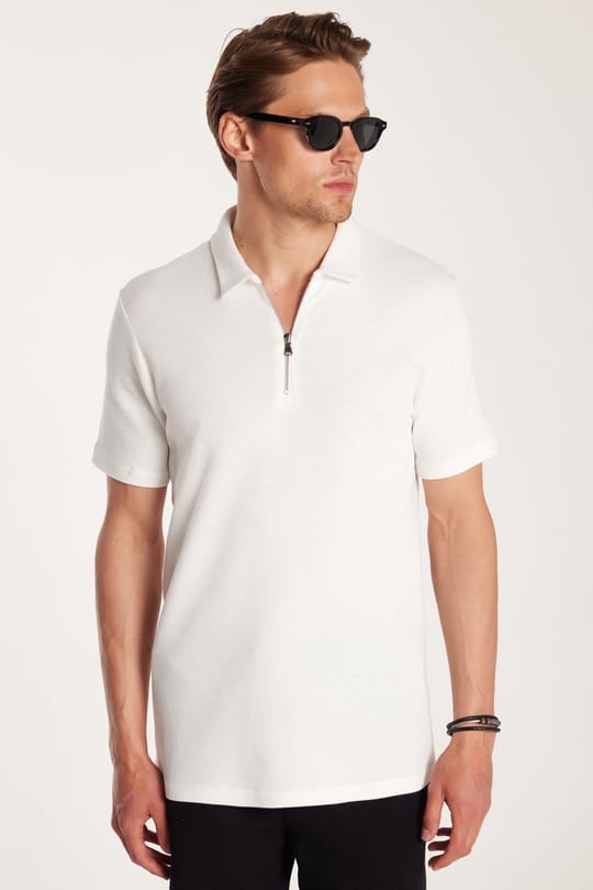 Erkek Slim Fit Dar Kesim %100 Pamuk Fermuarlı Beyaz Polo Yaka Tişört