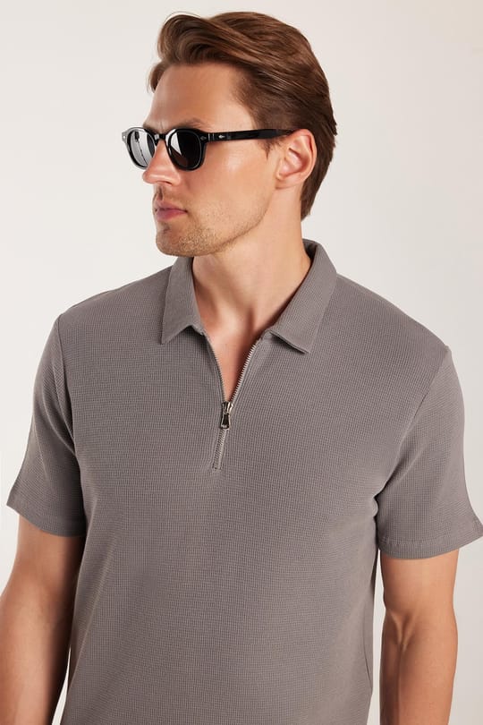 Erkek Slim Fit Dar Kesim %100 Pamuk Fermuarlı Gri Polo Yaka Tişört