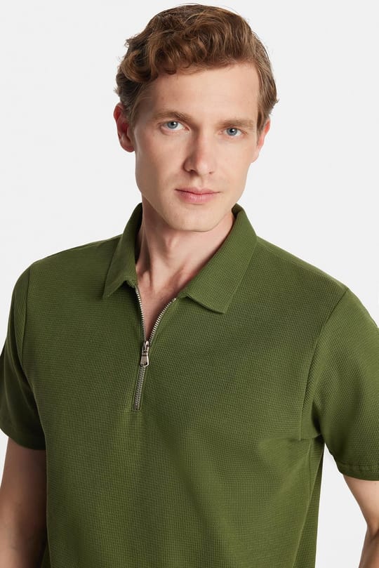 Erkek Slim Fit Dar Kesim %100 Pamuk Fermuarlı Yeşil Polo Yaka Tişört