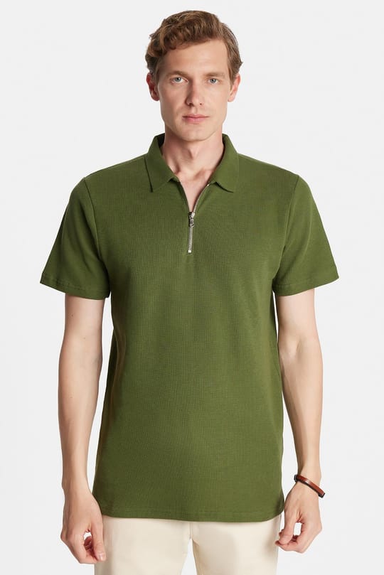 Erkek Slim Fit Dar Kesim %100 Pamuk Fermuarlı Yeşil Polo Yaka Tişört