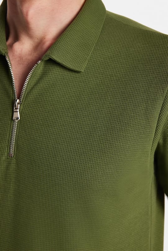 Erkek Slim Fit Dar Kesim %100 Pamuk Fermuarlı Yeşil Polo Yaka Tişört