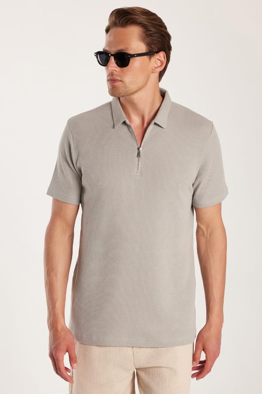 Erkek Slim Fit Dar Kesim %100 Pamuk Fermuarlı Gri Polo Yaka Tişört