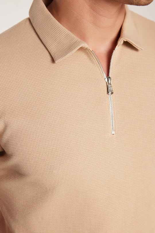 Erkek Slim Fit Dar Kesim %100 Pamuk Fermuarlı Bej Polo Yaka Tişört