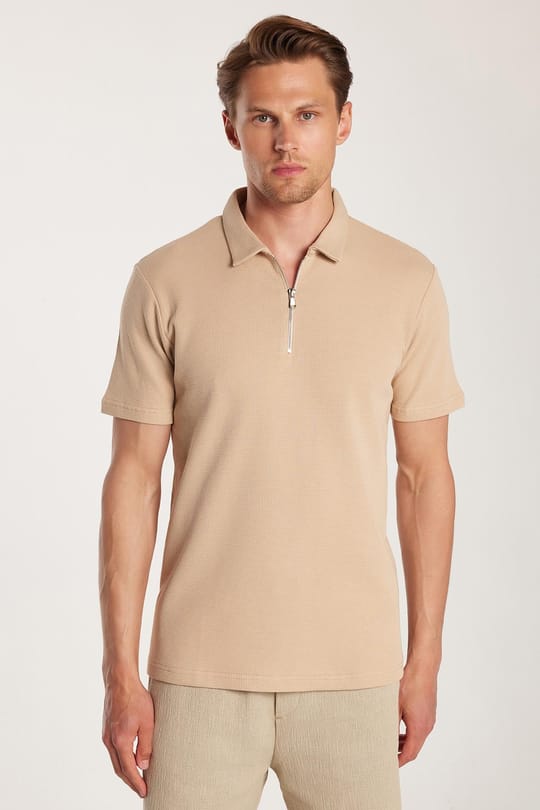Erkek Slim Fit Dar Kesim %100 Pamuk Fermuarlı Bej Polo Yaka Tişört