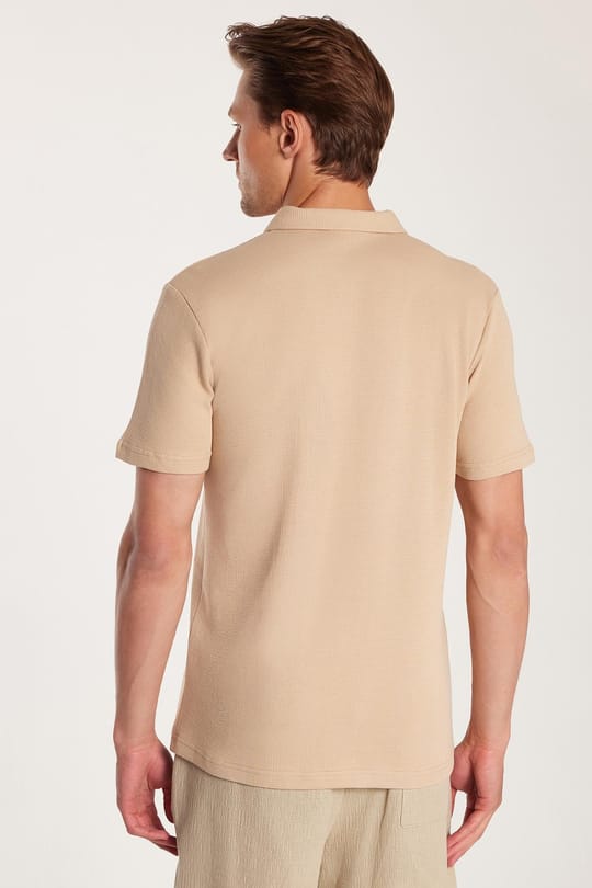 Erkek Slim Fit Dar Kesim %100 Pamuk Fermuarlı Bej Polo Yaka Tişört