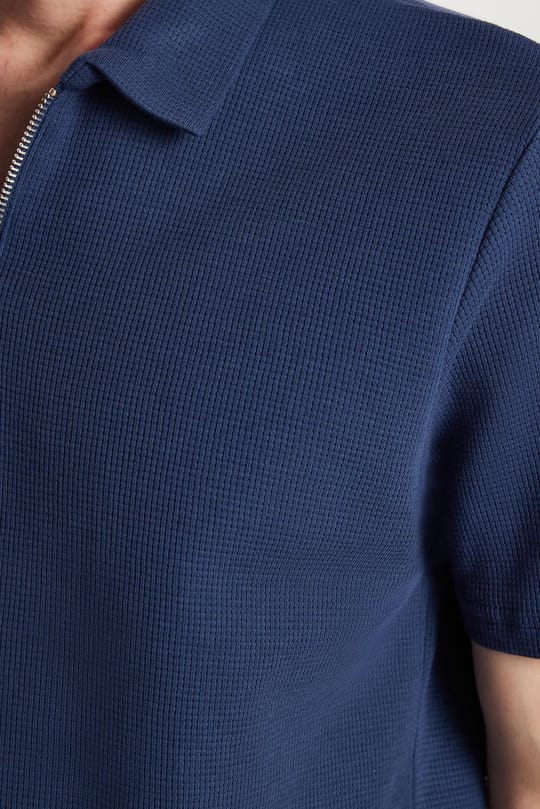 Erkek Slim Fit Dar Kesim %100 Pamuk Fermuarlı Lacivert Polo Yaka Tişört