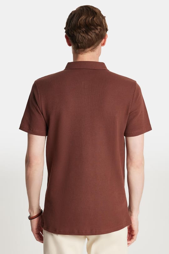 Erkek Slim Fit Dar Kesim %100 Pamuk Fermuarlı Kahverengi Polo Yaka Tişört