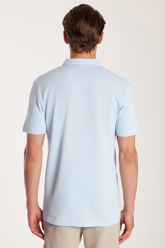 Erkek Slim Fit Dar Kesim %100 Pamuk Fermuarlı Mavi Polo Yaka Tişört