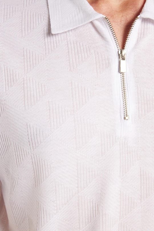 Erkek Slim Fit Dar Kesim Viskon Fermuarlı Polo Yaka Beyaz Tişört