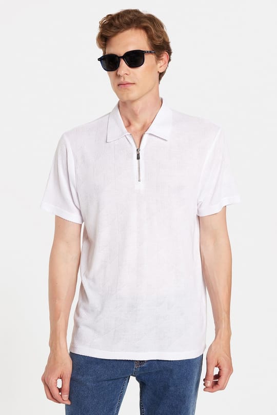 Erkek Slim Fit Dar Kesim Viskon Fermuarlı Polo Yaka Beyaz Tişört