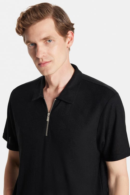 Erkek Slim Fit Dar Kesim Viskon Fermuarlı Polo Yaka Siyah Tişört
