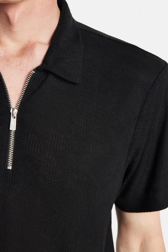 Erkek Slim Fit Dar Kesim Viskon Fermuarlı Polo Yaka Siyah Tişört