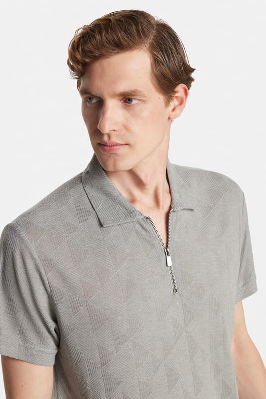Erkek Slim Fit Dar Kesim Viskon Fermuarlı Polo Yaka Gri Tişört