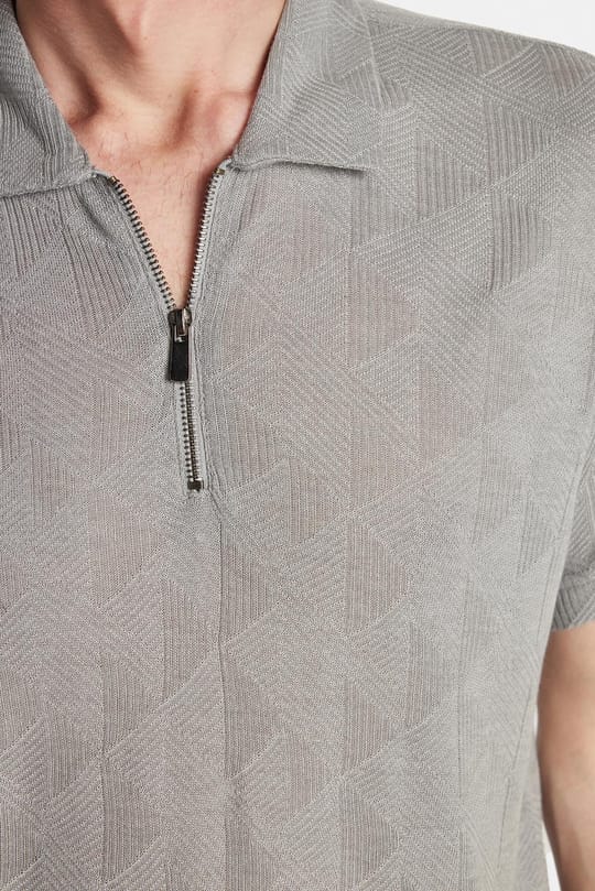 Erkek Slim Fit Dar Kesim Viskon Fermuarlı Polo Yaka Gri Tişört