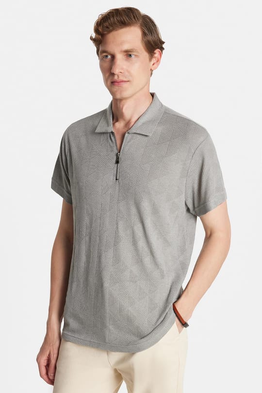 Erkek Slim Fit Dar Kesim Viskon Fermuarlı Polo Yaka Gri Tişört