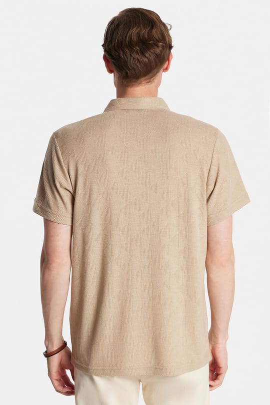 Erkek Slim Fit Dar Kesim Viskon Fermuarlı Polo Yaka Bej Tişört