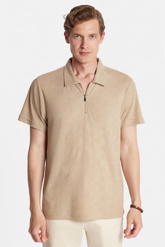 Erkek Slim Fit Dar Kesim Viskon Fermuarlı Polo Yaka Bej Tişört