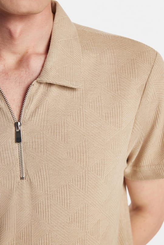 Erkek Slim Fit Dar Kesim Viskon Fermuarlı Polo Yaka Bej Tişört