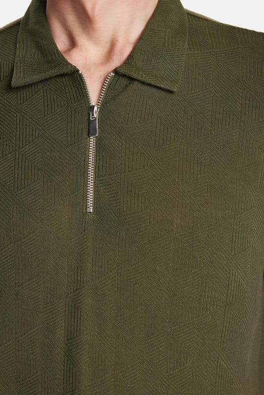 Erkek Slim Fit Dar Kesim Viskon Fermuarlı Polo Yaka Koyu Haki Tişört