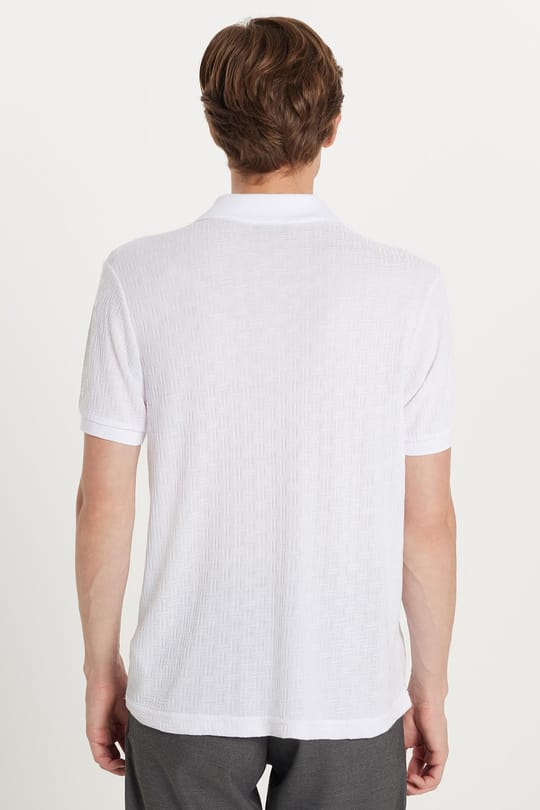 Erkek Slim Fit Dar Kesim Viskon Kumaş Desenli Düz Pike Düğmesiz Beyaz Polo Yaka Tişört